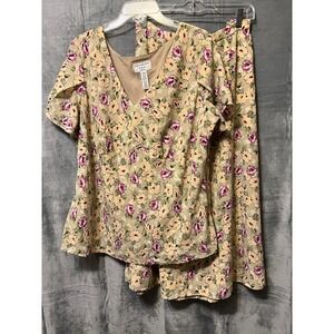Covington Woman 20W Floral Skirt Set Beige Pink Rose Print V‎ Neck Top